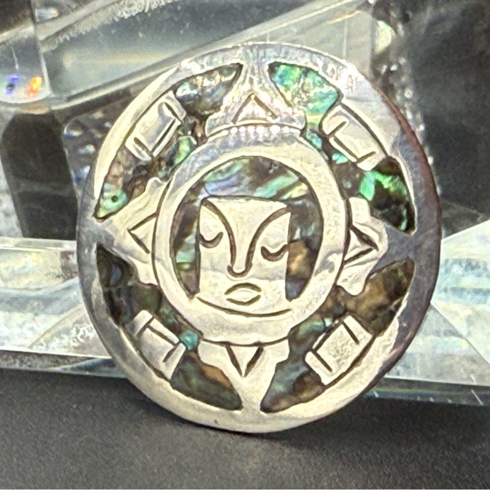 VTG Sterling Silver - MEXICO Abalone Inlay Aztec Mayan Sun Face Brooch Pin - 4g